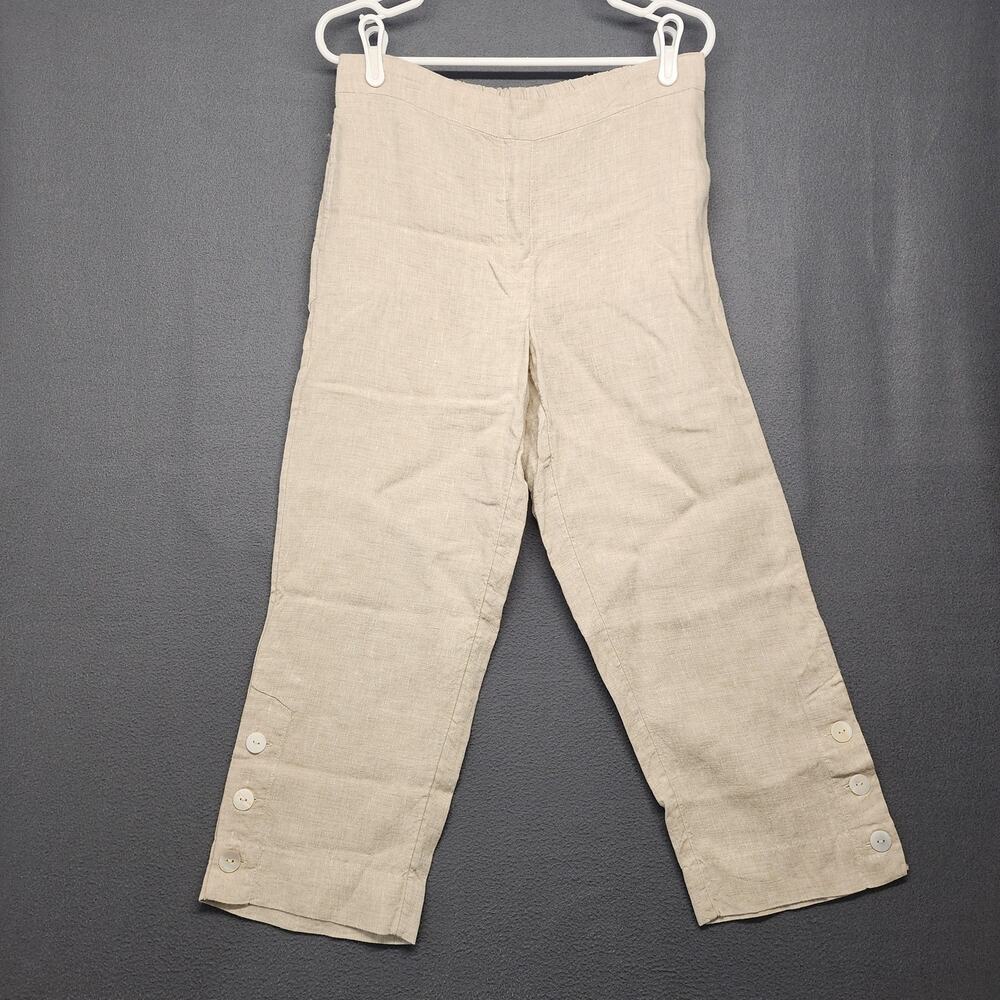 Chicos Linen Pants Womens 0.5 US Small Beige Cropped Pull On Button Hem Pockets